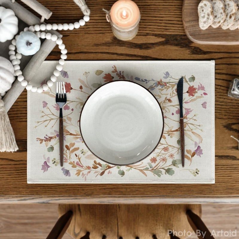 Artoid Mode مجموعة مفارش طاولة أرتود مود مزينة بأوراق الزهور لخريف 4 قطع لتزيين طاولة المطبخ الريفي للمناسبات الداخلية 12x18 بوصة - Image 2