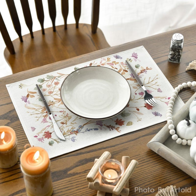 Artoid Mode مجموعة مفارش طاولة أرتود مود مزينة بأوراق الزهور لخريف 4 قطع لتزيين طاولة المطبخ الريفي للمناسبات الداخلية 12x18 بوصة - Image 4