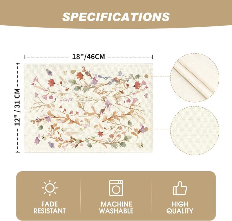 Artoid Mode مجموعة مفارش طاولة أرتود مود مزينة بأوراق الزهور لخريف 4 قطع لتزيين طاولة المطبخ الريفي للمناسبات الداخلية 12x18 بوصة - Image 5