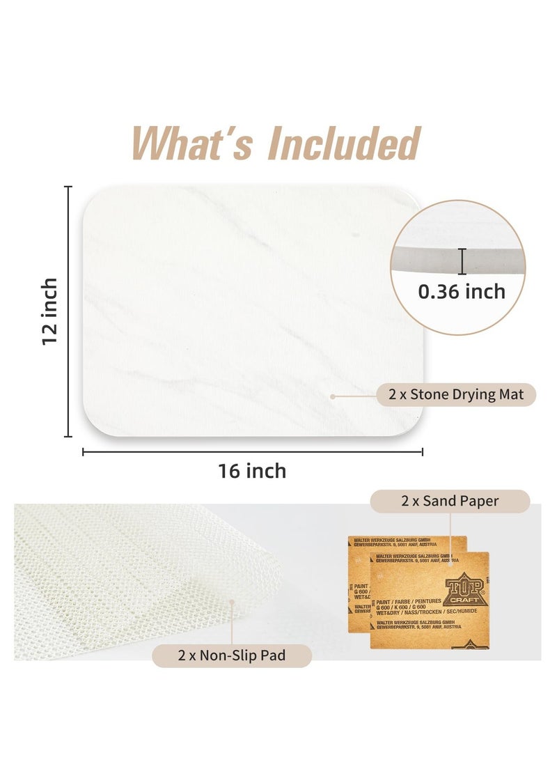 Stone Dish Drying Mat for Kitchen Counter, 2Pcs Stone Drying mat for Chicken Counter, Non-Slip, Fast Dry, Eco-Friendly Diatomaceous Earth Mat, for Bottles, Cups, Glassware (40x30 cm, White Marble)