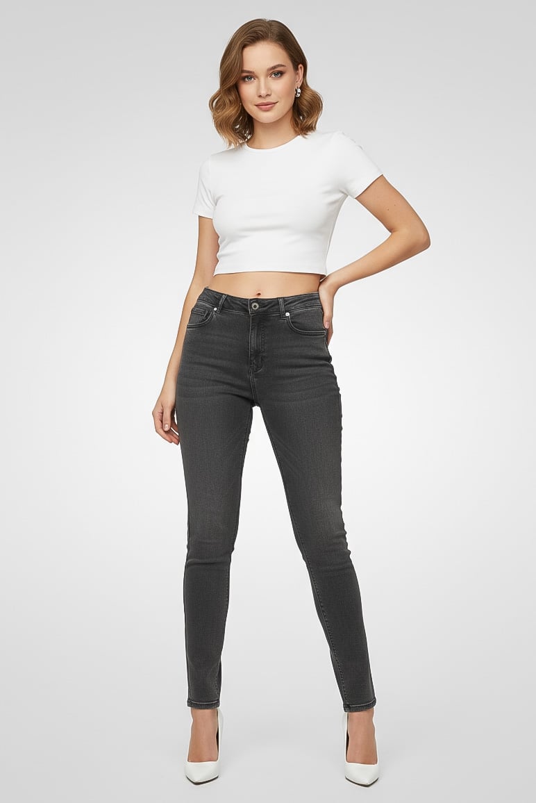 promod Women Skinny Fit Washed Stretchable Jeans, Washed Grey - Image 1