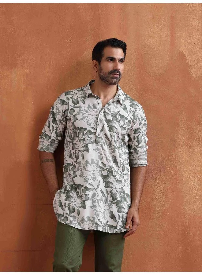 ترو برونز Men's Off White Printed Short Kurta