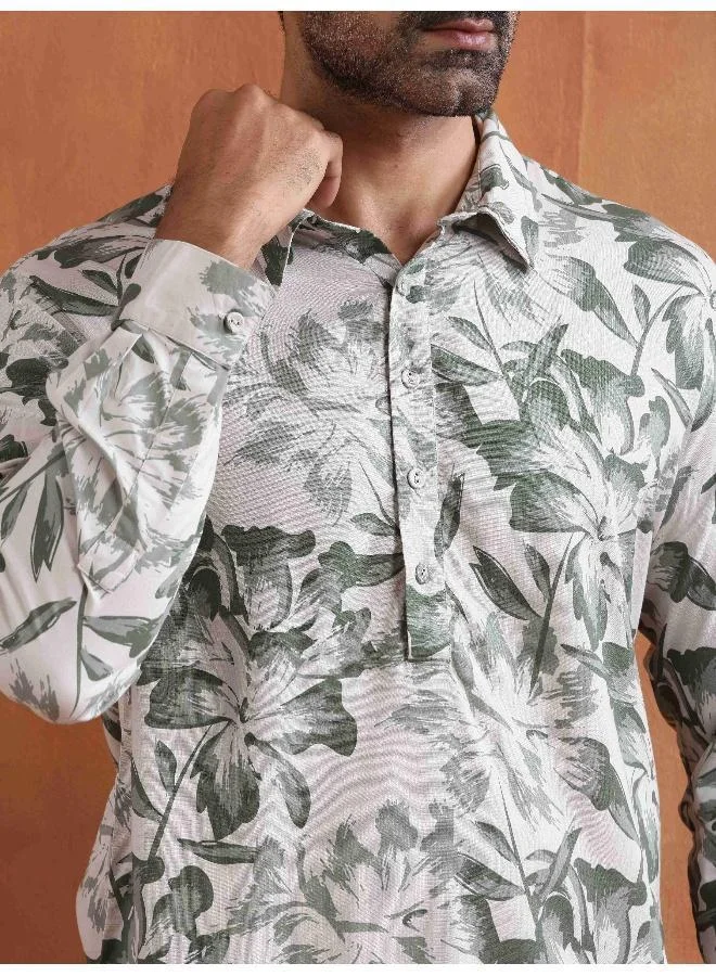 ترو برونز Men's Off White Printed Short Kurta