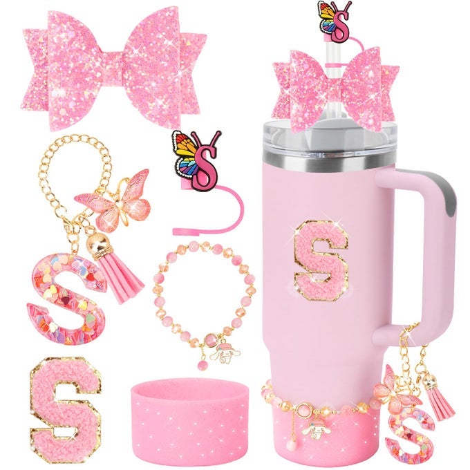 INITIAL CUP ACCESSORIES SET FOR STANLEY 30OZ 40OZ CUPINCLUDING BUTTERFLY LETTER STRAW COVER BOW DECORATIONS LETTER STICKERCRYSTAL BRACELETHANDLE LETTER CHARM AND SILICONE BOOT6PCS