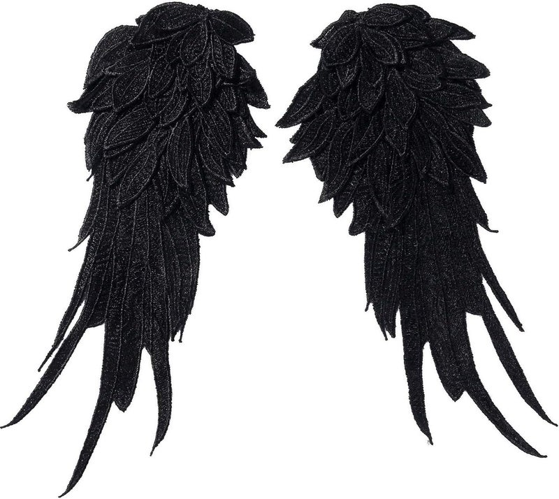 ONWON 1 Pair 3D Angel Wings Embroidered Neckline Lace Trim Applique Sewing On Patches Black Large - Image 1