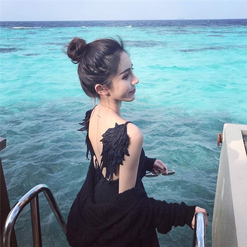 ONWON 1 Pair 3D Angel Wings Embroidered Neckline Lace Trim Applique Sewing On Patches Black Large - Image 4