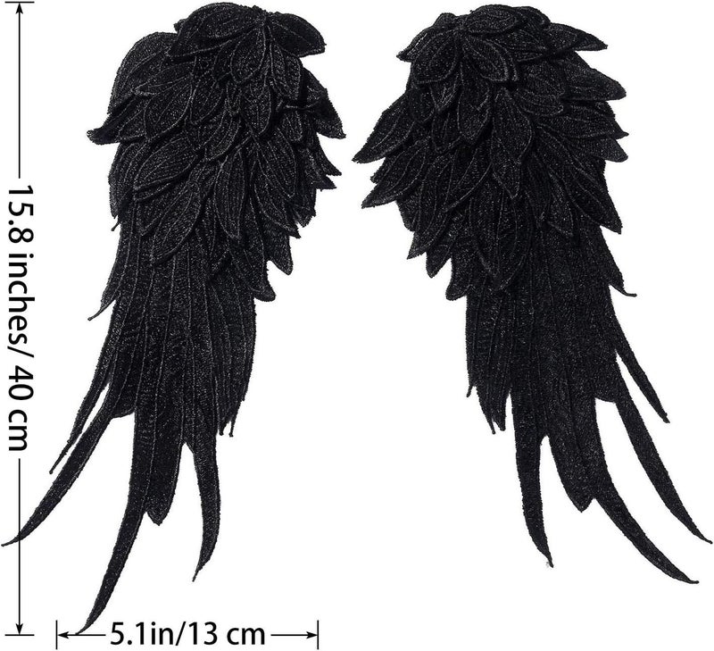 ONWON 1 Pair 3D Angel Wings Embroidered Neckline Lace Trim Applique Sewing On Patches Black Large - Image 2
