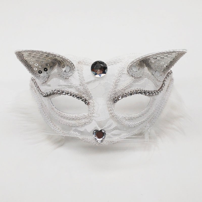 Sensational Lace Cat Face Half-Face Mask for Masquerade Parties - Black & White - Image 2