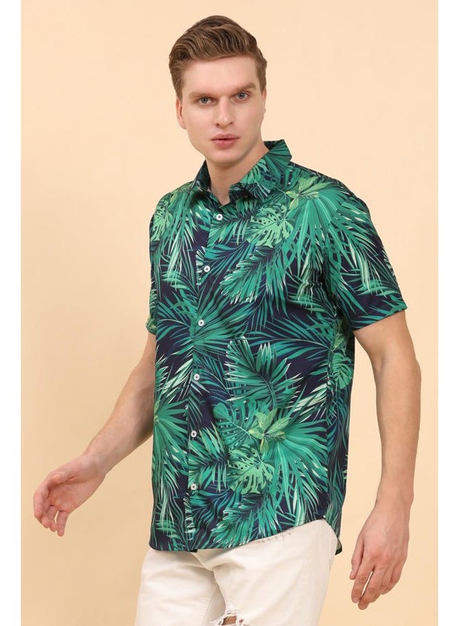 ENCIGER Men's Tropical Floral Shirt Half Sleeve Casual Hawaiian Button Down Shirt for Beach & Vacation Wear (MS1_Green Navy_S) - Image 3