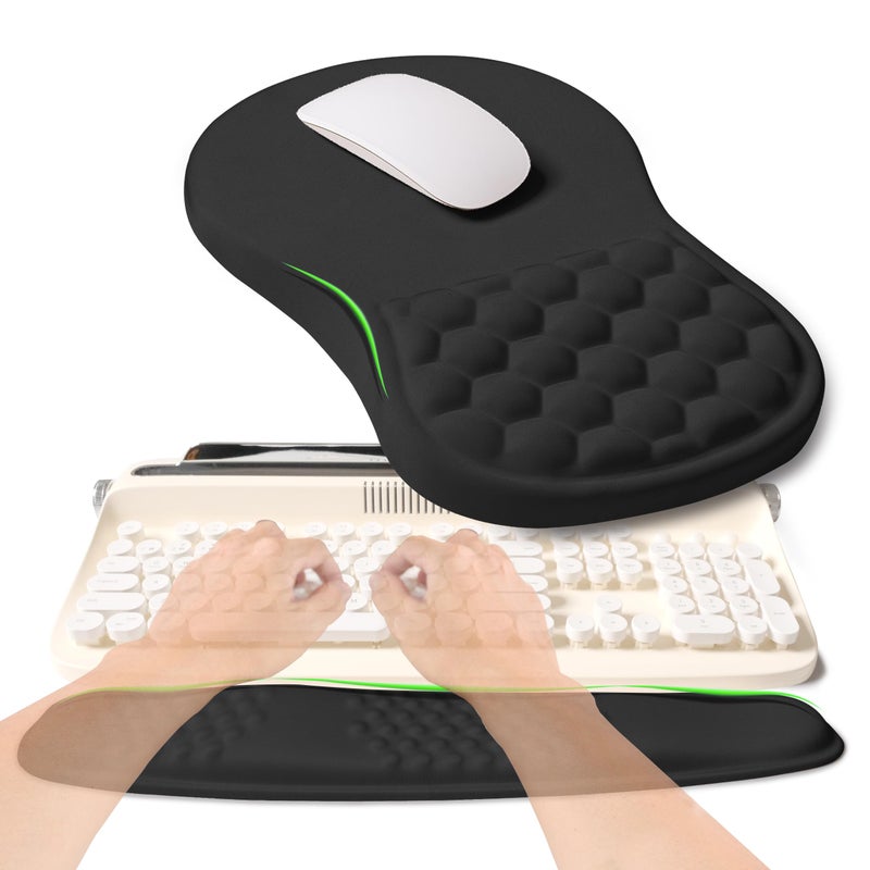 KUOSGM 2-in-1 Ergonomic Set, Wave Rise Keyboard Wrist Rest and Massage Bulge Slope Mouse Pad Wrist Support, Cushion Memory Foam Integrated to Relieve Wrist Pain, Black - Image 1