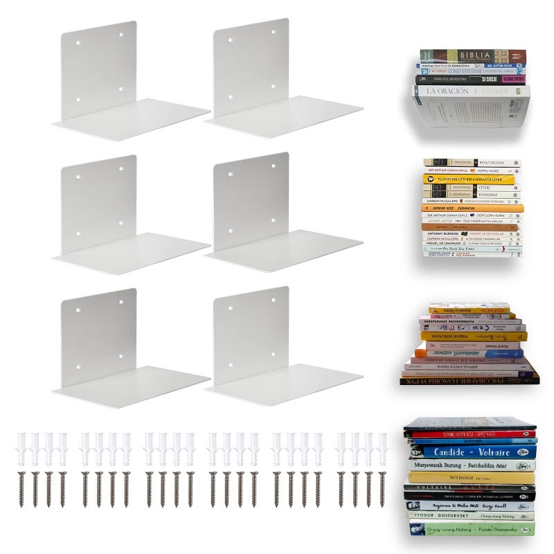 ECOSEAO Floating Book Shelves for Wall HeavyDuty Book Organizers Iron Wall Mounted Shelves for Home Office Classroom Library White Large 6