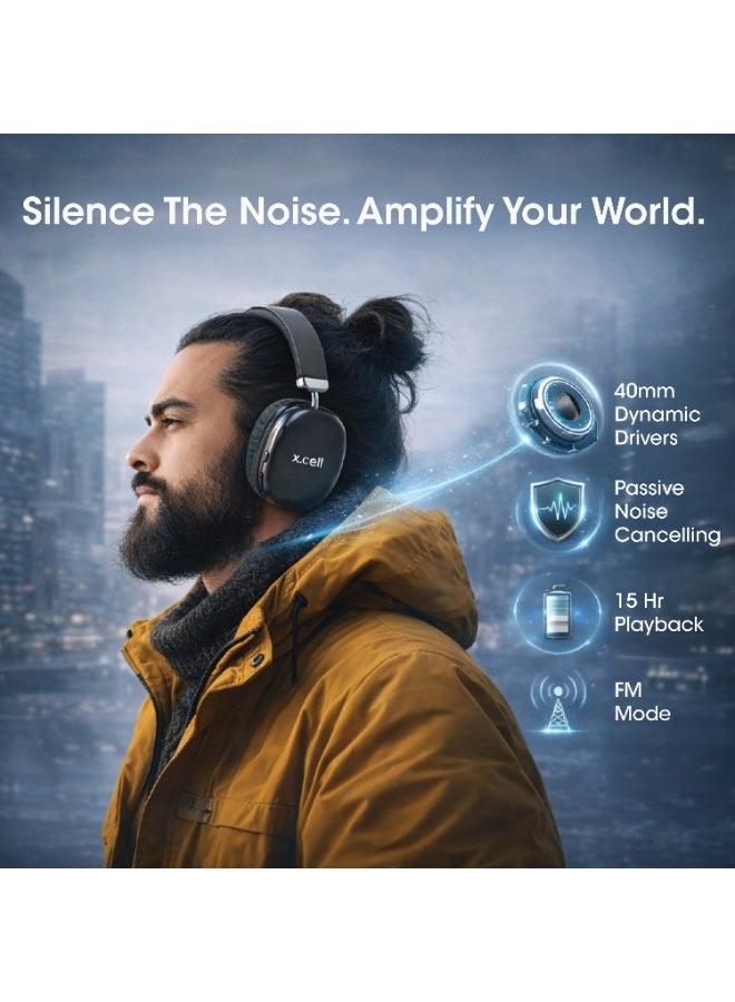 Xcell HS314 Passive Noise Cancelling Wireless Headphones with FM Radio | 15 Hours Play| 40mm Drivers | BT 6.0 | Auto-Tuning FM | Type-C Charging | Hands-Free Calling | 200 Hours Standby- Black - Image 4