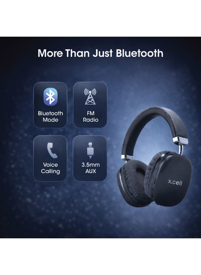 Xcell HS314 Passive Noise Cancelling Wireless Headphones with FM Radio | 15 Hours Play| 40mm Drivers | BT 6.0 | Auto-Tuning FM | Type-C Charging | Hands-Free Calling | 200 Hours Standby- Black - Image 3