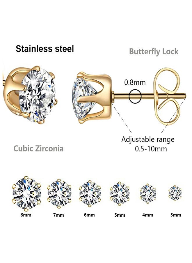 وهاواي 6 Pairs Stud Earrings Set for Women and Girl, Hypoallergenic Cubic Zirconia 316L Earrings Stainless Steel CZ Earrings 3-8mm - Image 2
