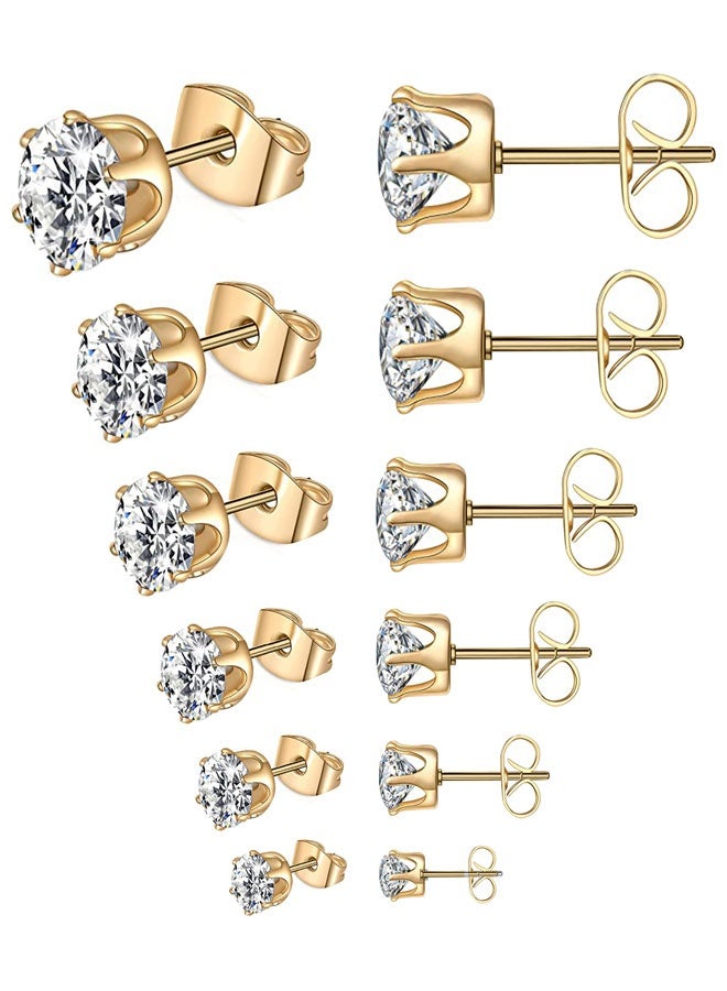 وهاواي 6 Pairs Stud Earrings Set for Women and Girl, Hypoallergenic Cubic Zirconia 316L Earrings Stainless Steel CZ Earrings 3-8mm - Image 1