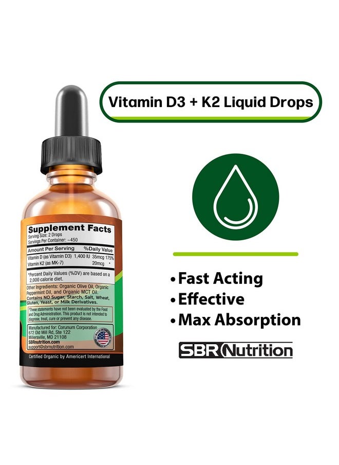 SBR Nutrition - Vitamin D3 + K2 (Mk7) Liquid Drops In Mct Oil Peppermint Flavor Helps Support Strong Bones And Healthy Heart Usda Organic 1 Fl. Oz. - Image 1