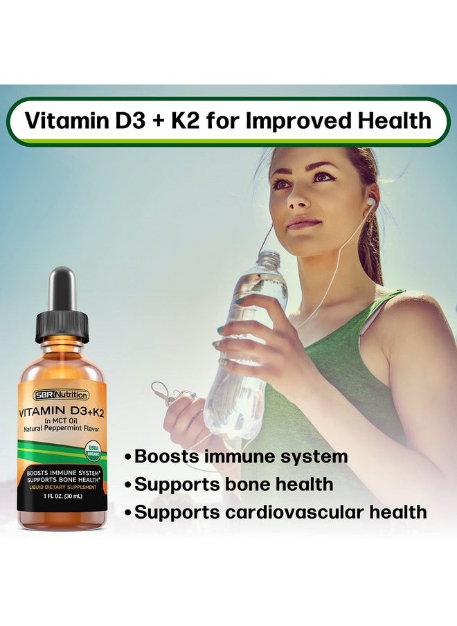 SBR Nutrition - Vitamin D3 + K2 (Mk7) Liquid Drops In Mct Oil Peppermint Flavor Helps Support Strong Bones And Healthy Heart Usda Organic 1 Fl. Oz. - Image 1