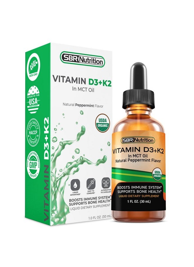 SBR Nutrition - Vitamin D3 + K2 (Mk7) Liquid Drops In Mct Oil Peppermint Flavor Helps Support Strong Bones And Healthy Heart Usda Organic 1 Fl. Oz. - Image 1