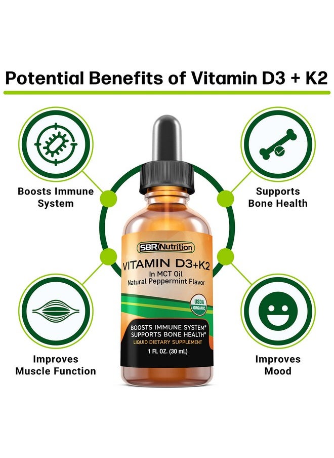 SBR Nutrition - Vitamin D3 + K2 (Mk7) Liquid Drops In Mct Oil Peppermint Flavor Helps Support Strong Bones And Healthy Heart Usda Organic 1 Fl. Oz. - Image 1