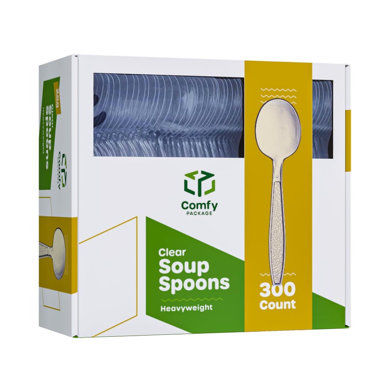 Comfy Package Pack of 300 Heavyweight Disposable Clear Plastic Soup Spoons  Engraved Design