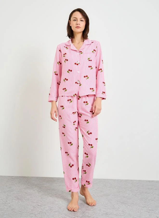 Striped Cherry Print Pajama Set with Long Sleeves