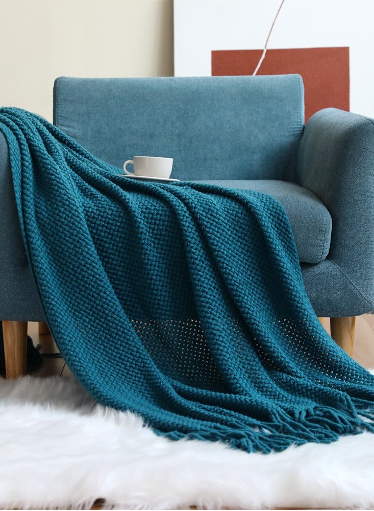 Loquat Solid Color Tassel Design Knitted Soft Throw Blanket Blue  - Image 1