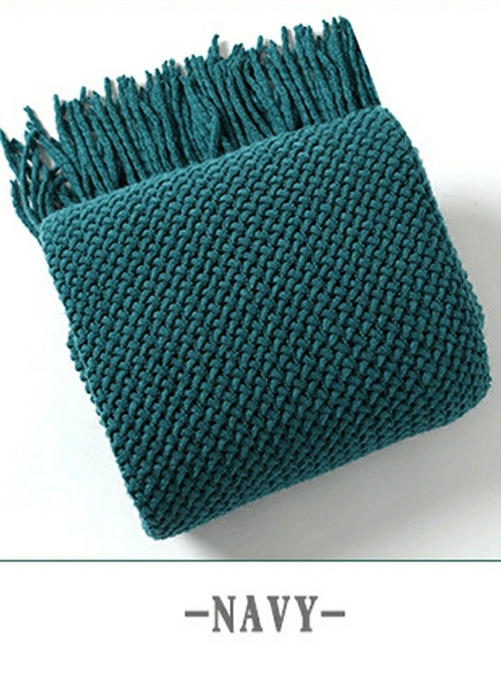 Loquat Solid Color Tassel Design Knitted Soft Throw Blanket Blue  - Image 2