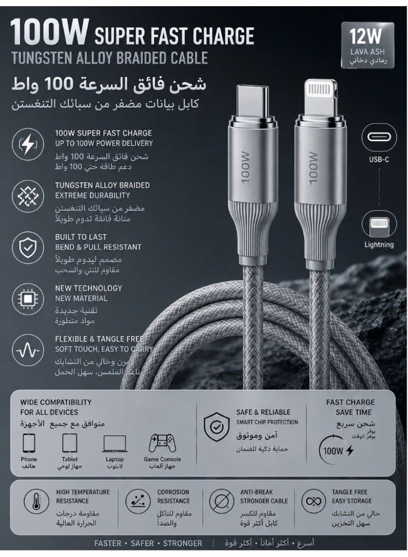 كابل شحن سريع USB-A إلى لايتنينغ مع سلك مضفر من سبيكة التنجستن، مقاوم للأكسدة ومتين - Image 4