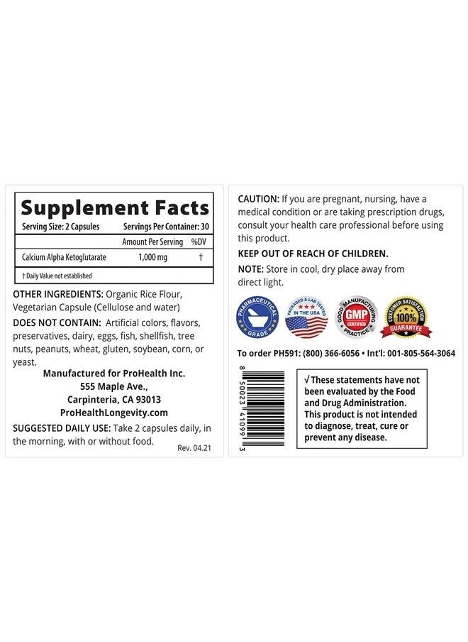 ProHealth - Calcium AKG Longevity (Alpha Ketoglutarate) (1,000 mg per 2 Capsule Serving, 60 Capsules). Supports Cellular Energy, Metabolic Function and Healthy Aging Processes. - Image 1