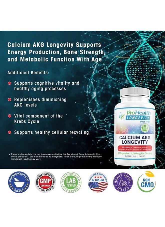 ProHealth - Calcium AKG Longevity (Alpha Ketoglutarate) (1,000 mg per 2 Capsule Serving, 60 Capsules). Supports Cellular Energy, Metabolic Function and Healthy Aging Processes. - Image 1