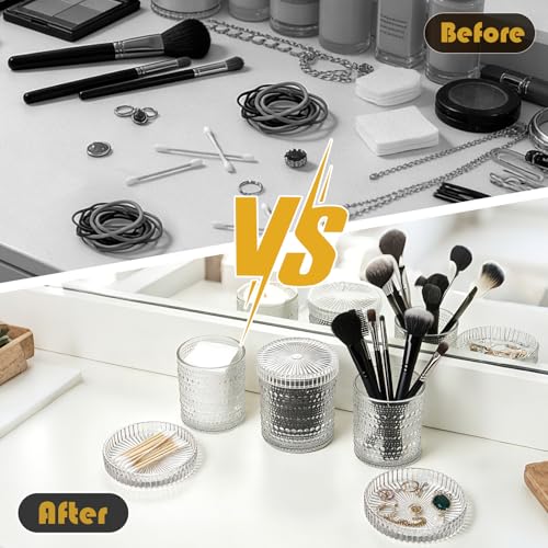 Flrolove Bathroom Organizers and Storage, 4 pack Glass Qtip Holder, Bathroom Jars with Lids, Vanity Organizer for Cotton Rounds, Balls & Floss Picks, Qtips, Vanity & Makeup Bathroom Canisters with Lids (Clear) - Image 5