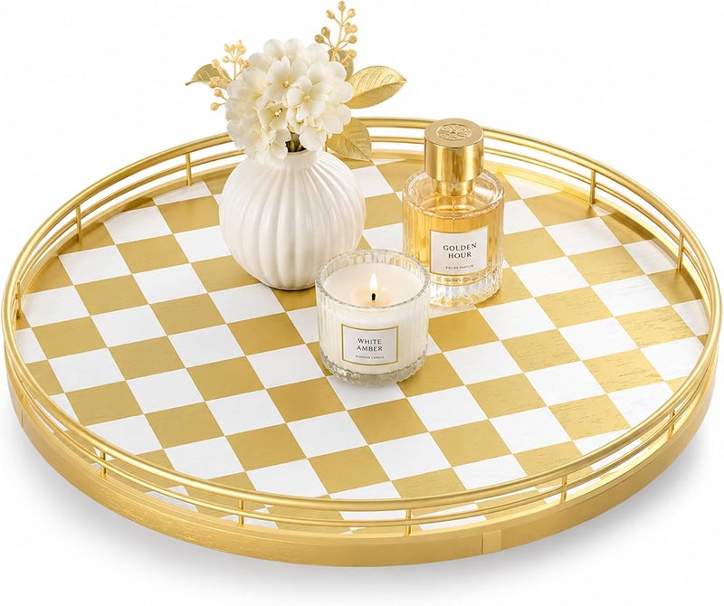 AMH Gold Decorative Lazy Susan Tray, 12 Inch Round Rotating Tray with Metal Rail, Checkerboard Wood Turntable for Coffee Table, Dining Table Centerpiece, Living Room Decor, Candle and Vase Display - Image 1