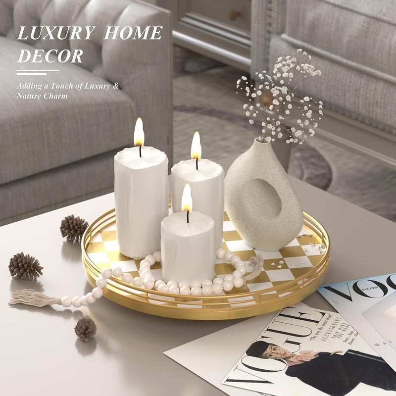 AMH Gold Decorative Lazy Susan Tray, 12 Inch Round Rotating Tray with Metal Rail, Checkerboard Wood Turntable for Coffee Table, Dining Table Centerpiece, Living Room Decor, Candle and Vase Display - Image 2