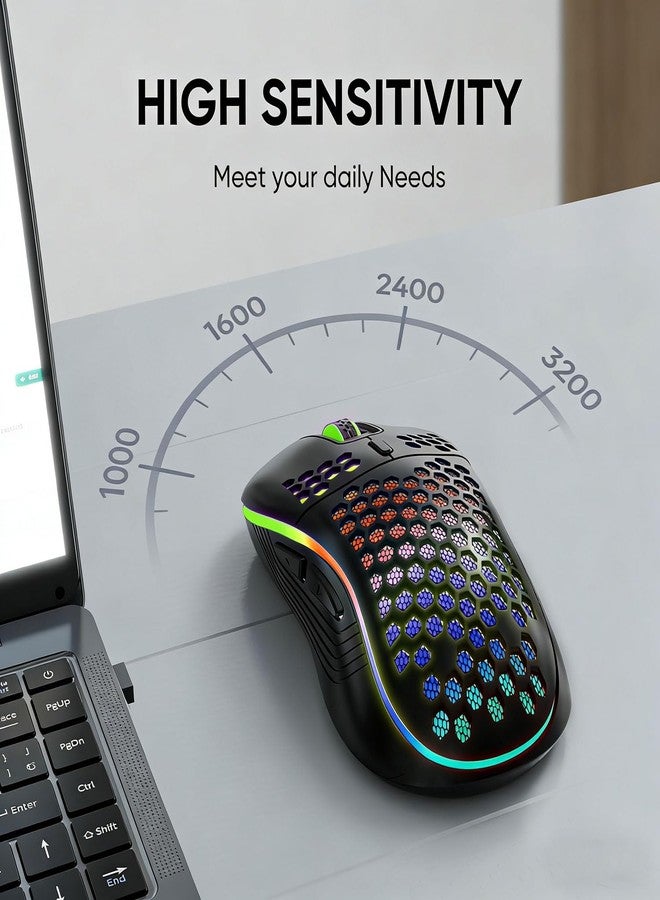 MELOGAGA Wireless Gaming Mouse Honeycomb 2.4G USB Cordless Mouse RGB Rechargeable PC Game Mice with 7-Color LED Lights，3 Adjustable DPI for Windows Laptop Desktop Computers -Black - Image 3