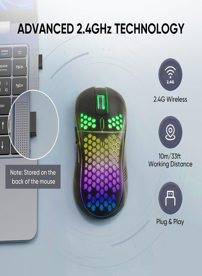 MELOGAGA Wireless Gaming Mouse Honeycomb 2.4G USB Cordless Mouse RGB Rechargeable PC Game Mice with 7-Color LED Lights，3 Adjustable DPI for Windows Laptop Desktop Computers -Black - Image 2
