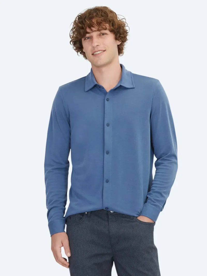 Kip Blue Plain Regular Fit Knitting Casual Shirt