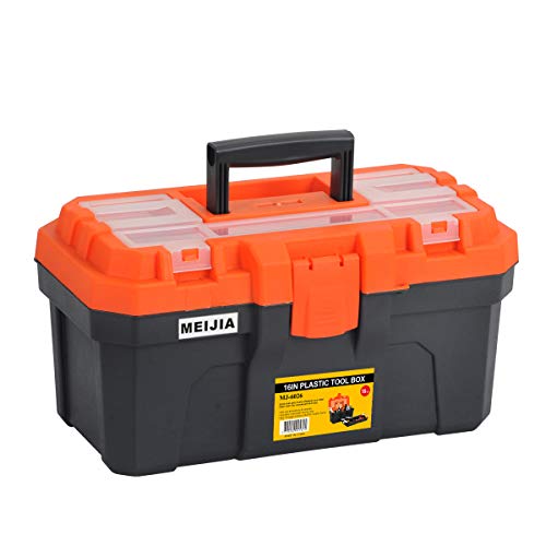 MEIJIA Portable Tool Storage Box Organizers With Foldable Latches And Removable TrayBlack And Orange 16x9x8
