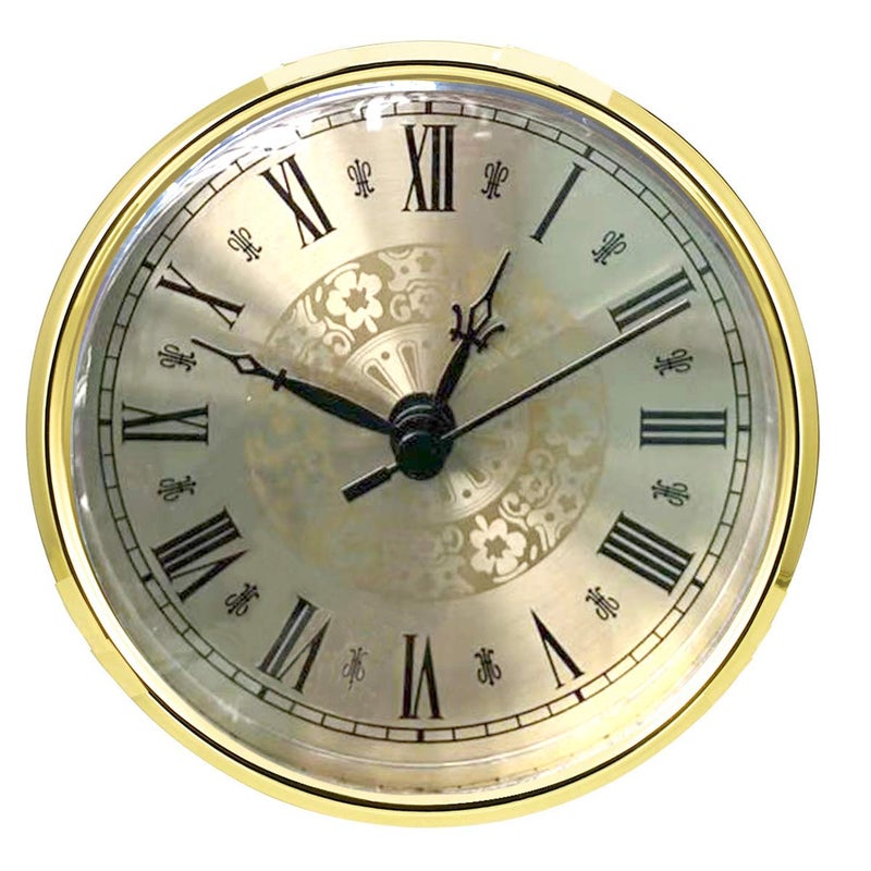 HILLHOME HILLHOME Mini Clock Insert 43 Inch110 mm Round Quartz Clock Fitup Movement Miniature Clock Gold Dial Gold Tone Bezel Roman Numerals Fit 37 Inch 94 mm Diameter Hole 