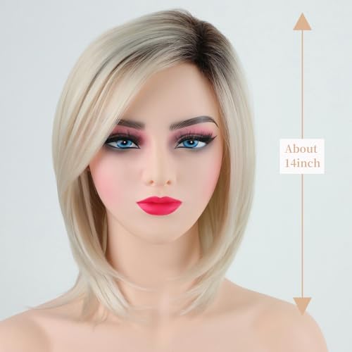 RENERSHOW Short Platinum Blonde Bob Wigs for White Women Ombre Blonde Wig with Brown Roots Straight Heat Synthetic Daily Party Wig(14inch) - Image 3