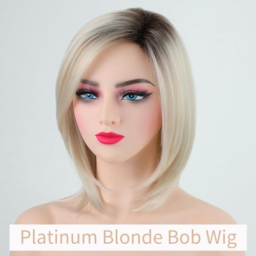 RENERSHOW Short Platinum Blonde Bob Wigs for White Women Ombre Blonde Wig with Brown Roots Straight Heat Synthetic Daily Party Wig(14inch) - Image 2