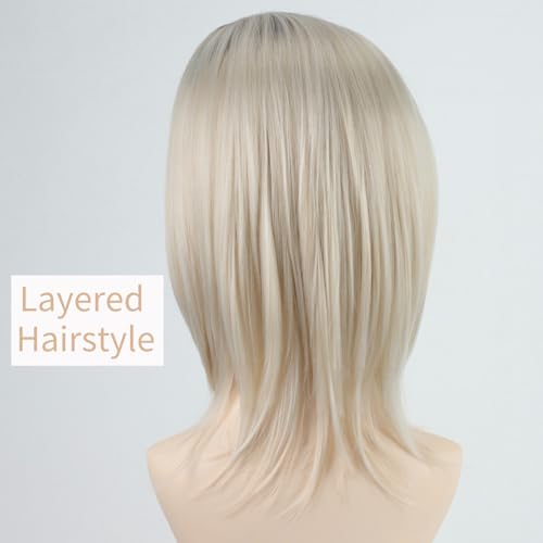 RENERSHOW Short Platinum Blonde Bob Wigs for White Women Ombre Blonde Wig with Brown Roots Straight Heat Synthetic Daily Party Wig(14inch) - Image 4