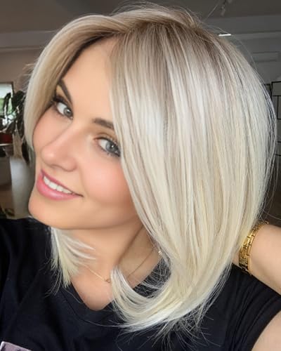 RENERSHOW Short Platinum Blonde Bob Wigs for White Women Ombre Blonde Wig with Brown Roots Straight Heat Synthetic Daily Party Wig(14inch) - Image 1