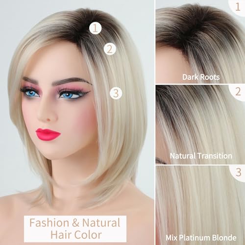 RENERSHOW Short Platinum Blonde Bob Wigs for White Women Ombre Blonde Wig with Brown Roots Straight Heat Synthetic Daily Party Wig(14inch) - Image 5