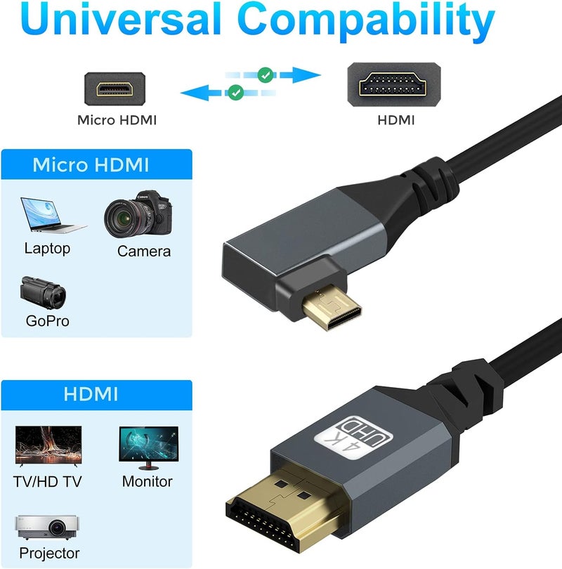 توزوه كابل بزاوية قائمة من نوع Micro HDMI إلى HDMI، بطول قابل للتمديد من 30 سم إلى 150 سم، يدعم تقنيات 3D/4K و1080p. - Image 3