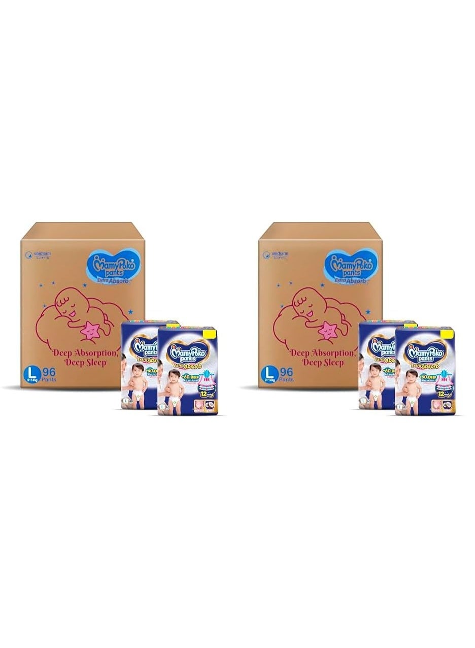 MamyPoko Pants Extra Absorb Baby Diapers, Large (L), 96 Count, 9-14 kg (Pack of 2)