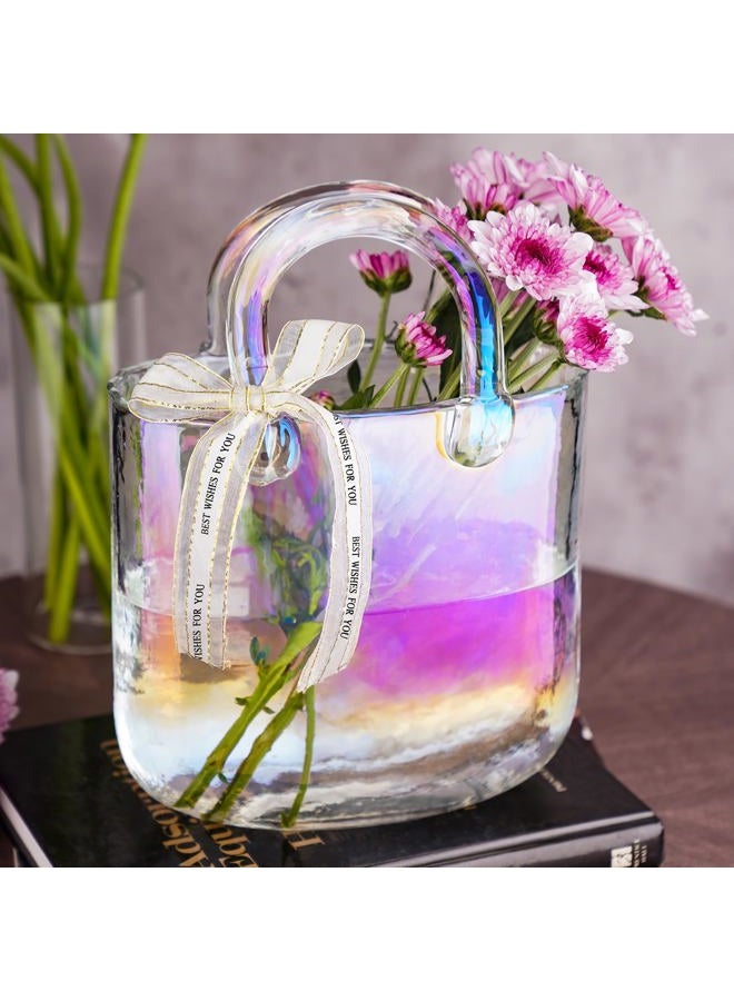 NiHome Iridescent Glass Handbag Vase, Versatile Use as Flower Holder or Fishbowl, Decorative Piece for Home Décor, Weddings, Birthdays, Durable Thickened Handle & Elegant Silk Ribbon Bow - Image 1
