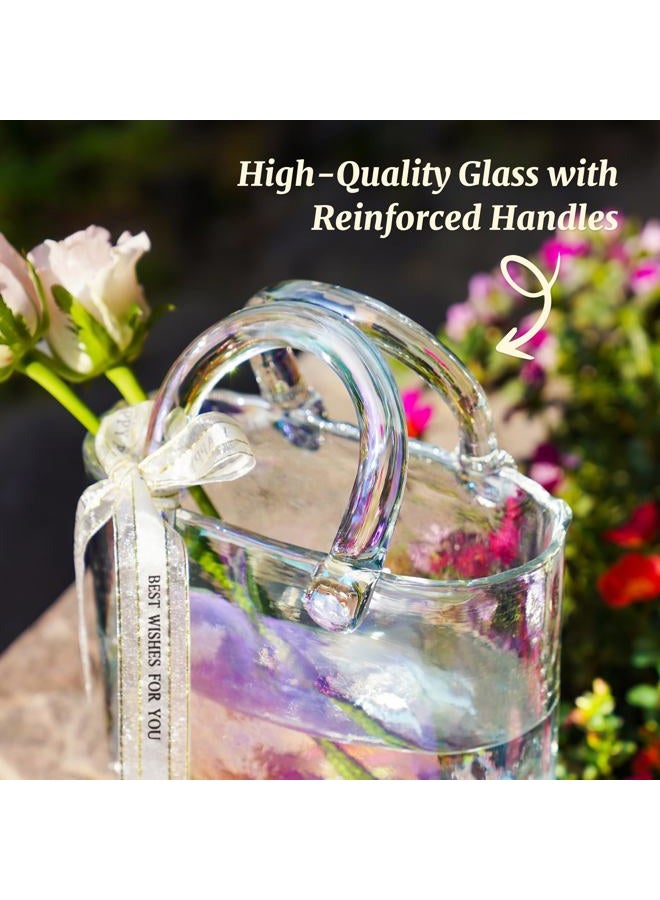 NiHome Iridescent Glass Handbag Vase, Versatile Use as Flower Holder or Fishbowl, Decorative Piece for Home Décor, Weddings, Birthdays, Durable Thickened Handle & Elegant Silk Ribbon Bow - Image 2