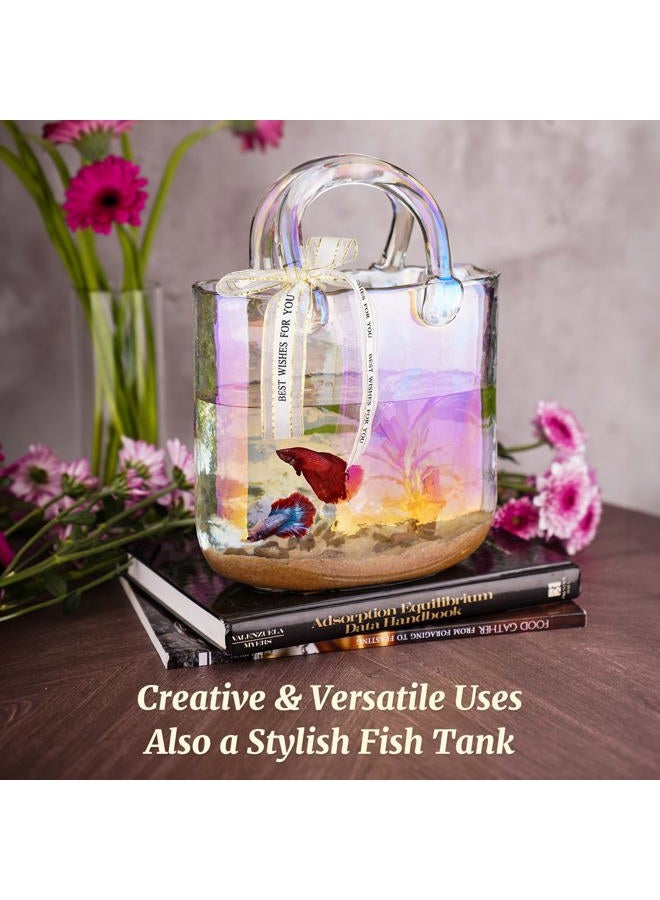 NiHome Iridescent Glass Handbag Vase, Versatile Use as Flower Holder or Fishbowl, Decorative Piece for Home Décor, Weddings, Birthdays, Durable Thickened Handle & Elegant Silk Ribbon Bow - Image 4