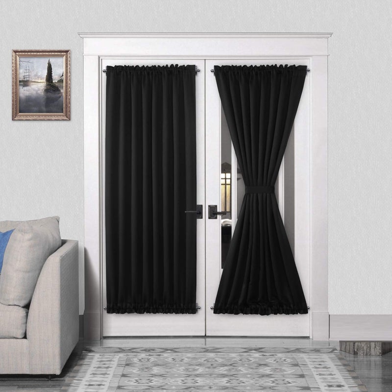 DWCN French Door Curtains – Rod Pocket Thermal Blackout Curtain for Doors with Glass Window, Kitchen and Patio Doors for Privacy, 54 X 72 Inches Long, 1 Curtain Panel with Tieback, Black - Image 1