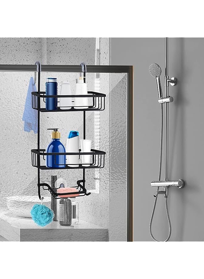 علبة دش فوق الباب، مصنوعة من الألومنيوم المقاوم للصدأ، مع خطافات للمناشف (أسود) - Image 1